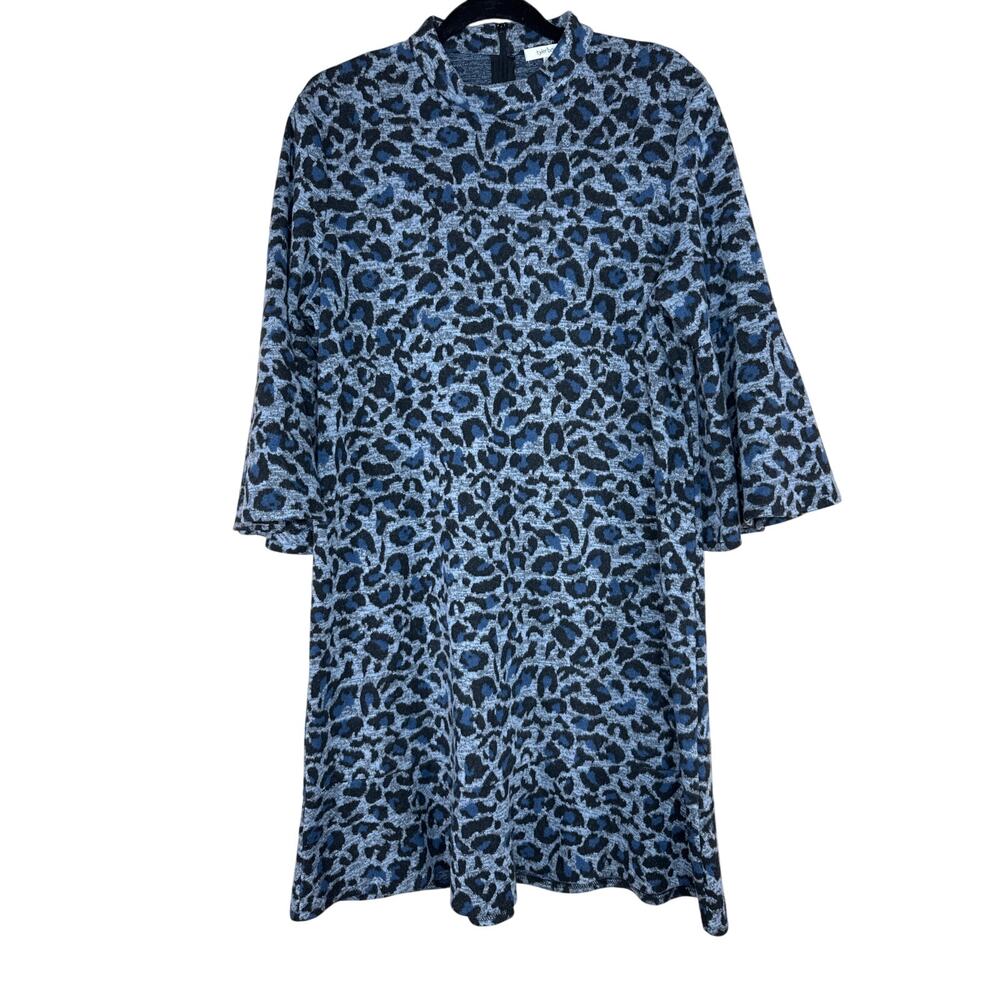 Tyler Boe Blue Black Grey Animal Print Dress Bell Sleeve Flare Size Large A-Line